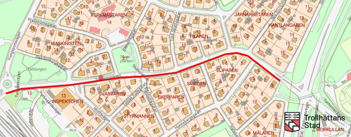 Kartbild som med röd markering visar ny gång- och cykelväg längs Tunhemsvägen