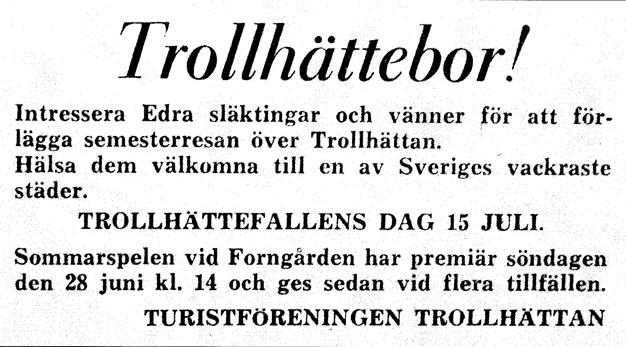 En annonstext om Trollhättefallens Dag 1959