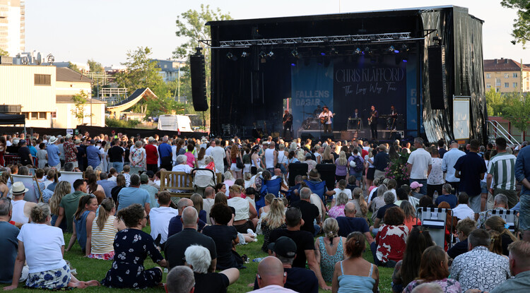 Personer sitter på gräsmatta och lyssnar på konsert på scen