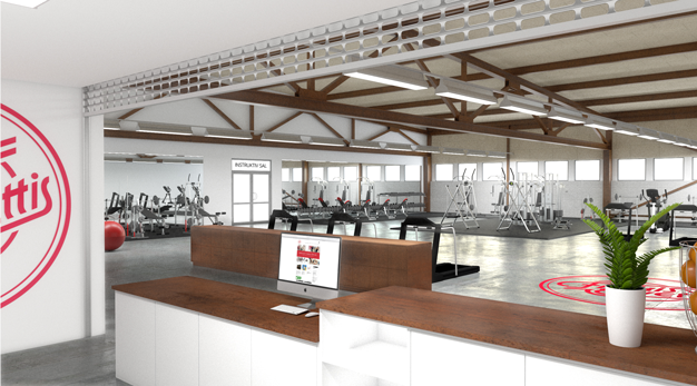 Skiss över disk och träningsmaskiner i Friskis&Svettis nya gym