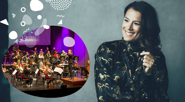 Porträttbild på sångerskan Jill Johnson och en orkester med ungdomar.