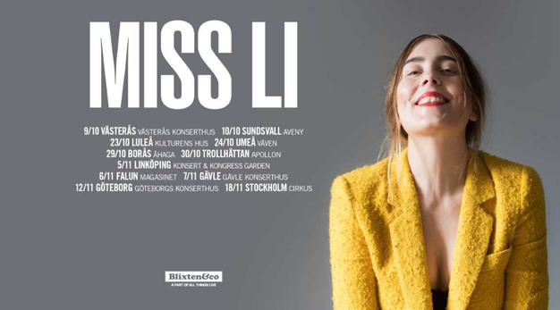 Tjej i gul kostym som skrattar. Texten Miss Li med turnédatum.