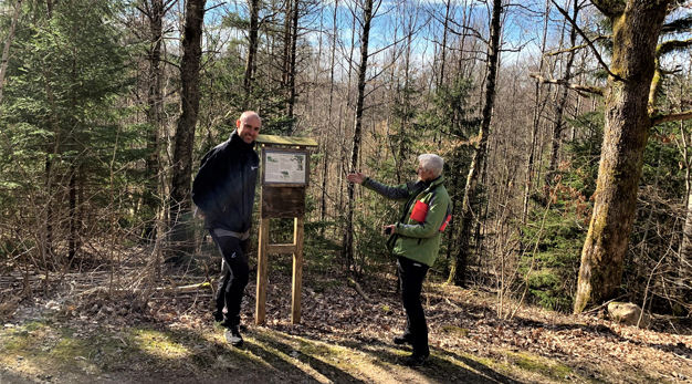 Två personer står vid en informationsskylt på en promenadstig i skogen.