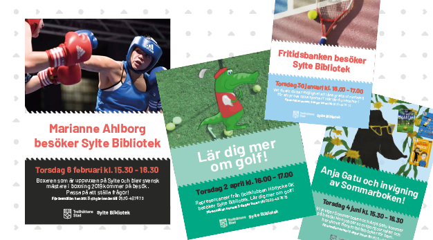 Kollage av affischer som visar Syltes biblioteks program med sporttema.