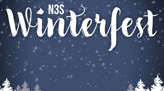 Snöflingor mot mörkblå bakgrund och texten N3s Winterfest.