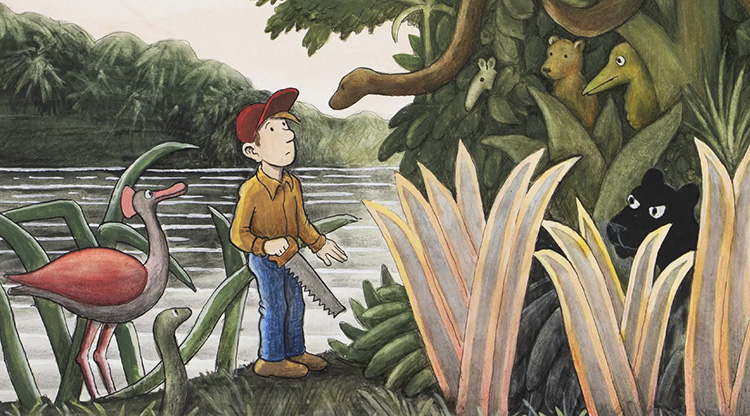 Illustration av JanLööf, föreställande pojke med en såg i djungeln.