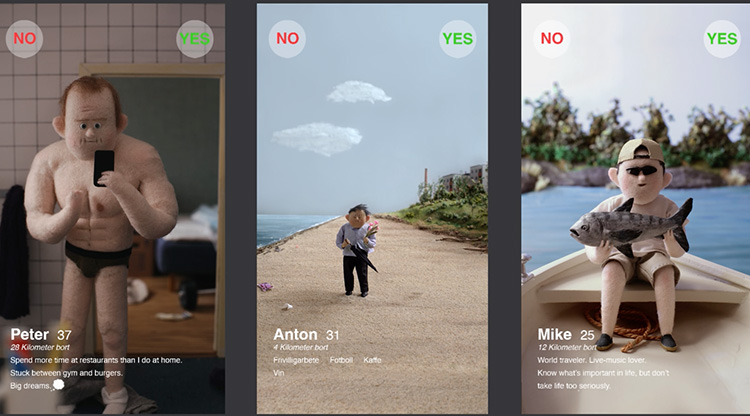 3 stycken animerade figurer, som är presenterade som skärmavbilder på tinderprofiler.
