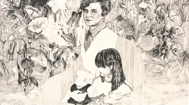 Teckning i blyerts av en dam, en tjej och ett litet barn
