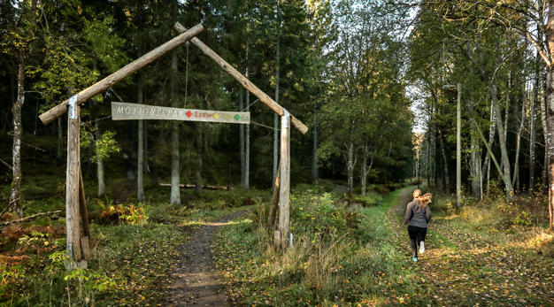 En tjej springer i ett motionsspår och det är höstfärger i träden. 