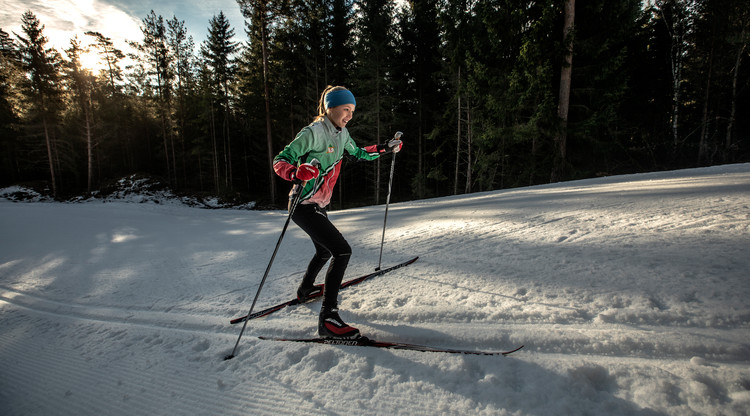 Ungdom åker skidor på konstsnöspår utomhus.