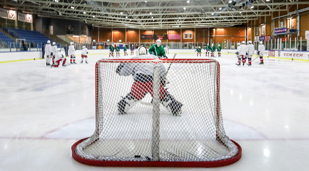 Ett ishockeylag är ute på isen. Ett hockeymål står mitt i bilden.