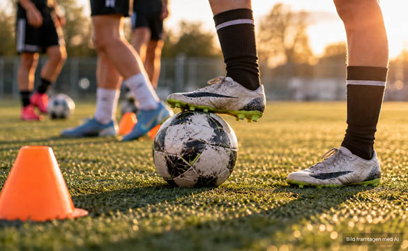 Fotbollsspelare med fot på fotboll på fotbollsplan. Bilder är framtagen med Ai. 