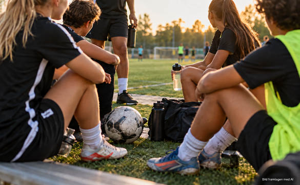 Ungdomar i fotbollskläder sitter på fotbollsplan och pratar. Bilden är framtagen med AI.