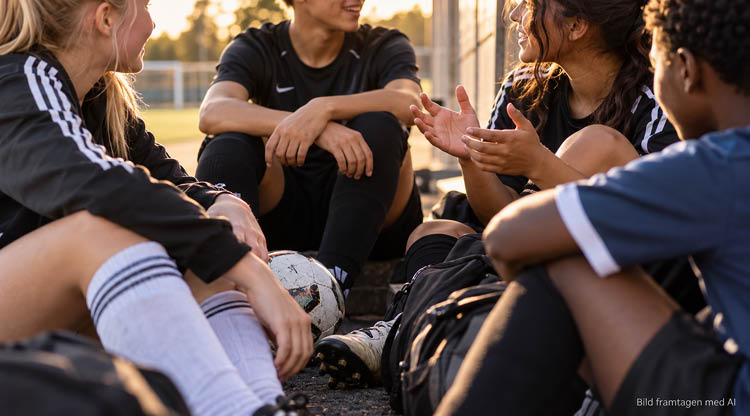 Fotbollsklädda barn sitter i grupp och pratar med en vuxen tränare. Bilden är framtagen med AI.