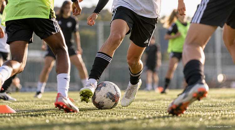 Ungdomar under fotbollsträning - ben, boll och fotbollplan syns. Bilden är framtagen med AI.