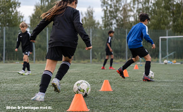 Barn under fotbollsträning på fotbollsplan. Bilden är framtagen med AI. 