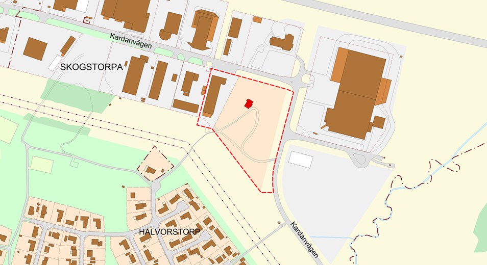 Kartbild över Skogstorpa och Halvorstorp, området för Drivhjulet 4 är rödmarkerat. 