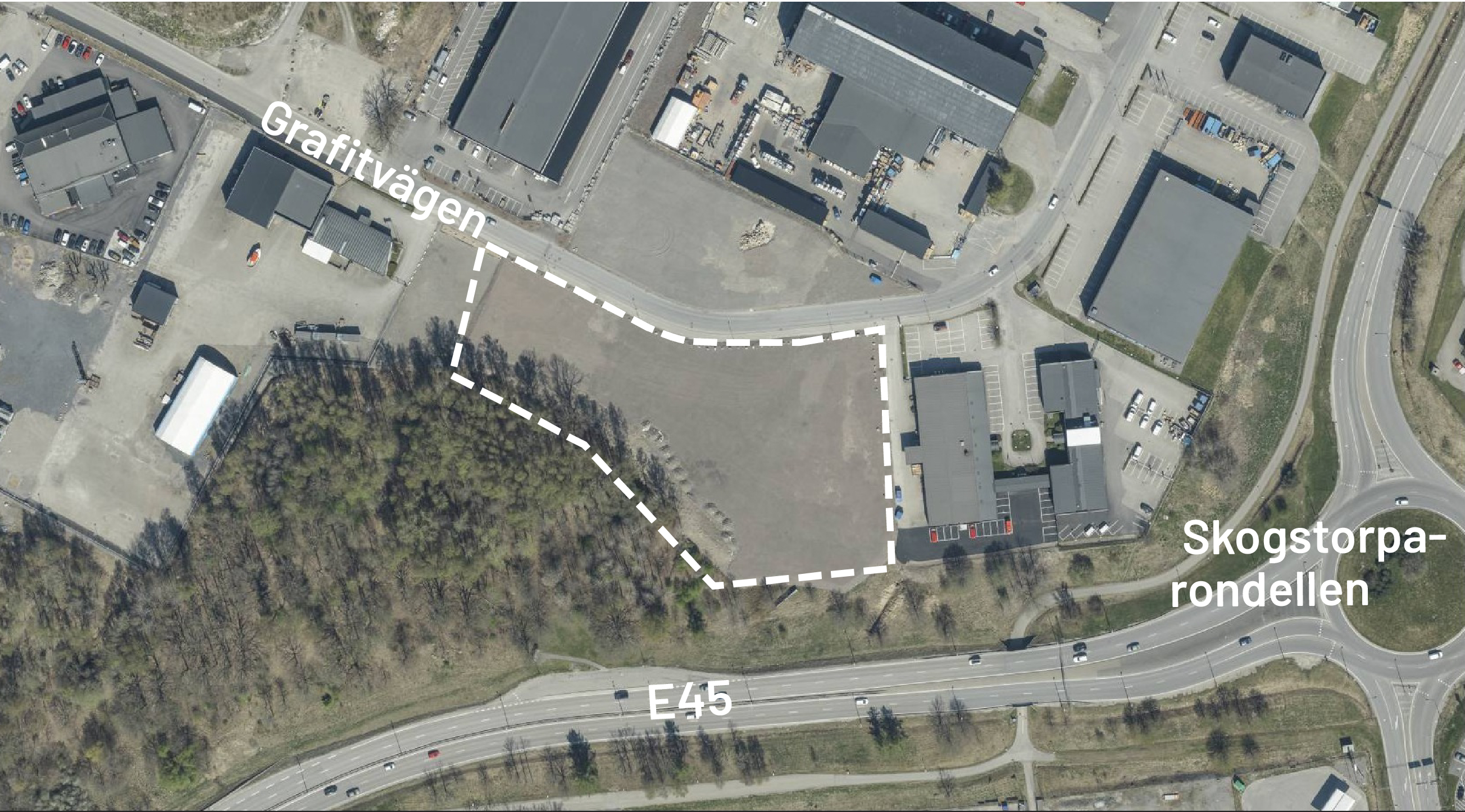 Flygfoto med planområdet markerat med vitstreckat område