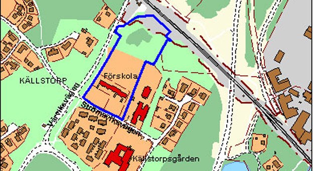 Karta över Källstorp, förskolans placering är utmarkerad i rött. 