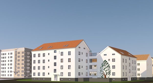 En illustrationsbild över hur kvarteret Lodjuret kan se ut med de nya bostadshusen