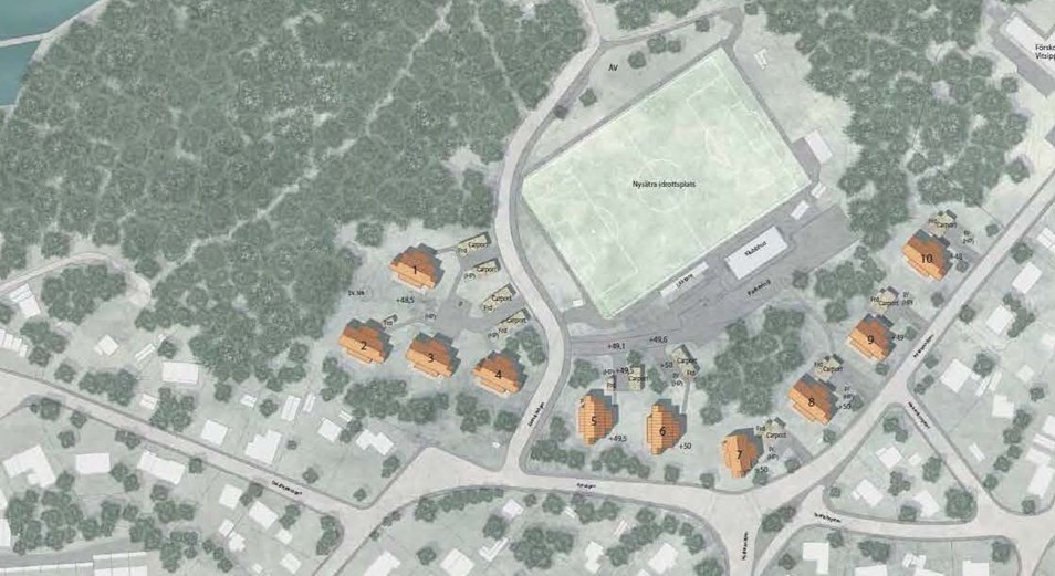 En illustrationsplan med föreslag till utformning av de nya bostadshusen med omnejd 