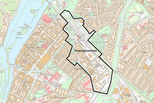 Karta som visar vilket område som planprogrammet omfattar