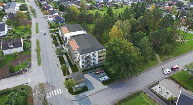 Översiktsfoto, presentationsbild av flerbyggnadshus på Offerhäll. 