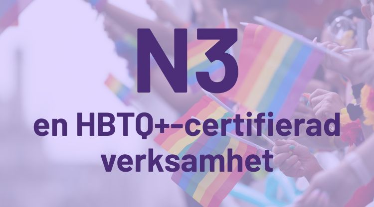Text om hbtq-certifiering på en bakgrund av regnbågens färger