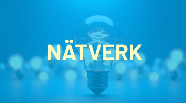 En blå bild med texten Nätverk med en glödlampa