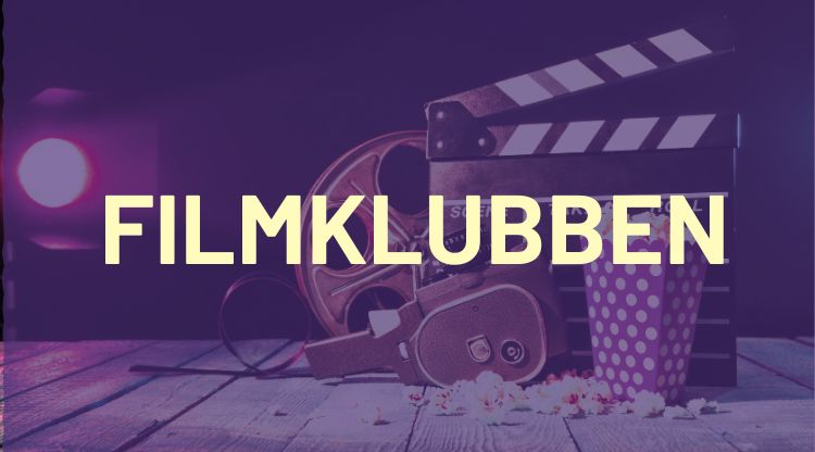 En lila bild med texten filmklubben med filmmotiv och popcorn