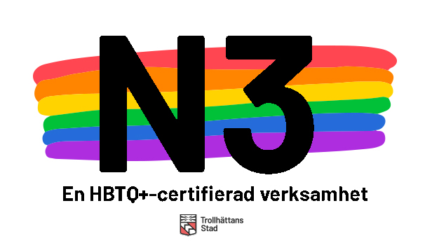 Text om hbtq-certifiering på en bakgrund av regnbågens färger