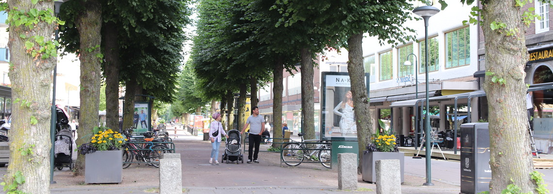 Ett par med barnvagn vandrar längst Kungsgatans allé